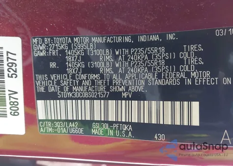 2011 Toyota Sienna Limited V6 z USA, uszkodzony, nr VIN 5TDYK3DC0BS021577